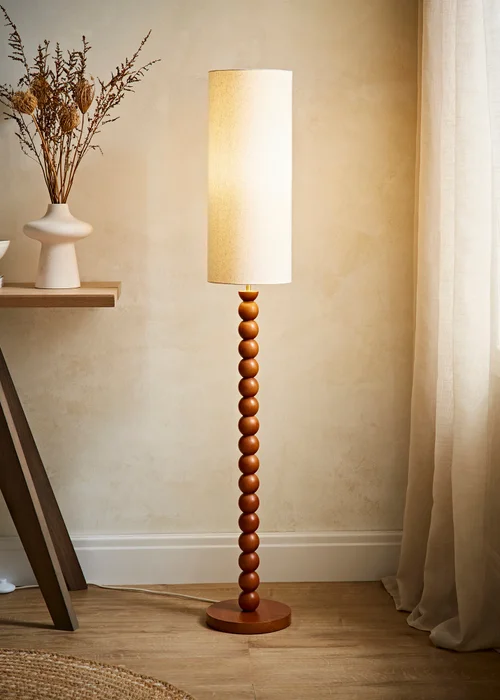 ValueLights Wyatt Linen Tall Lamp Shade Walnut Wood Bobbin Floor Lamp - One Size Image 1