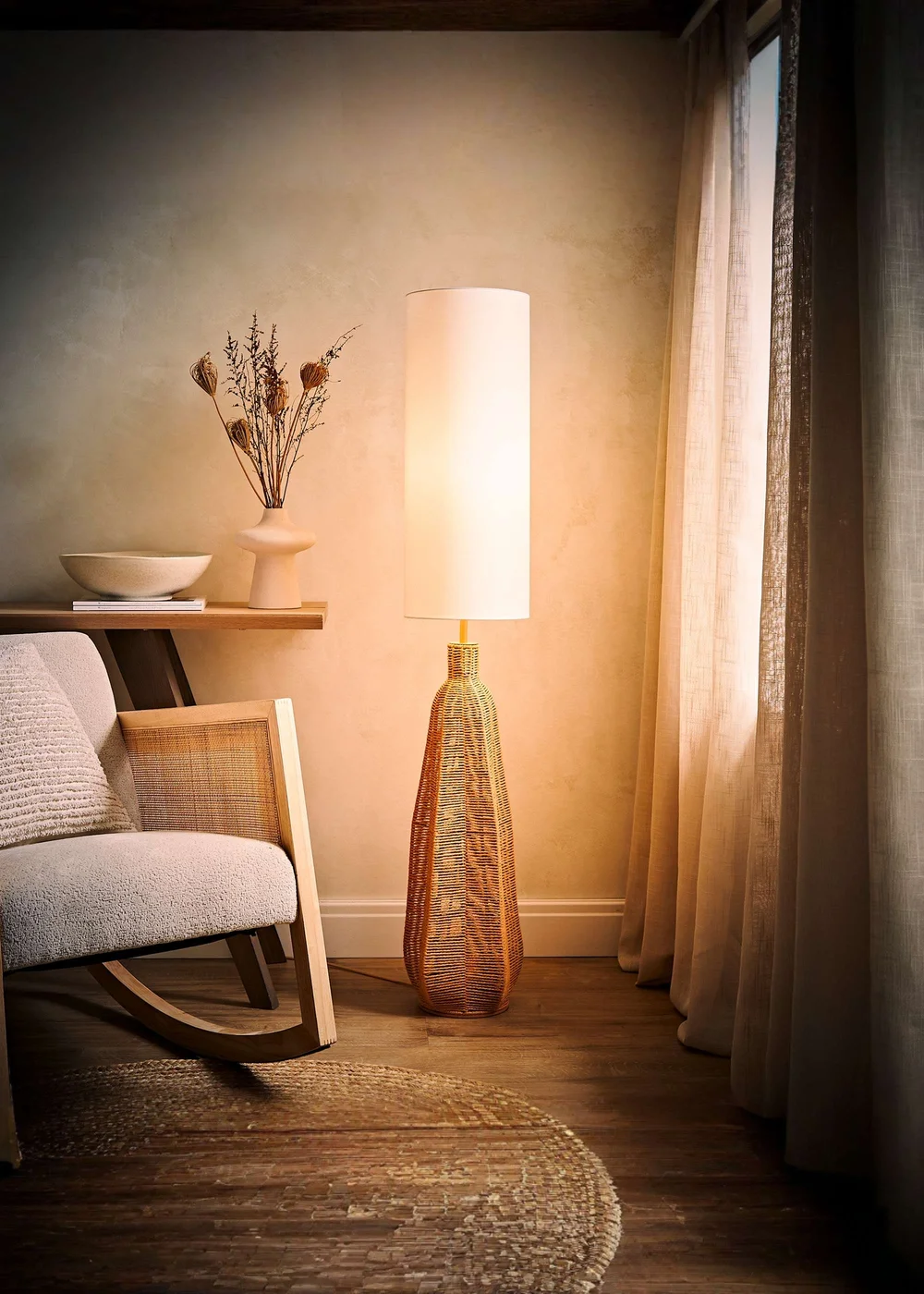 ValueLights Una White Tall Lamp Shade Rattan Midi Floor Lamp - One Size Image 3