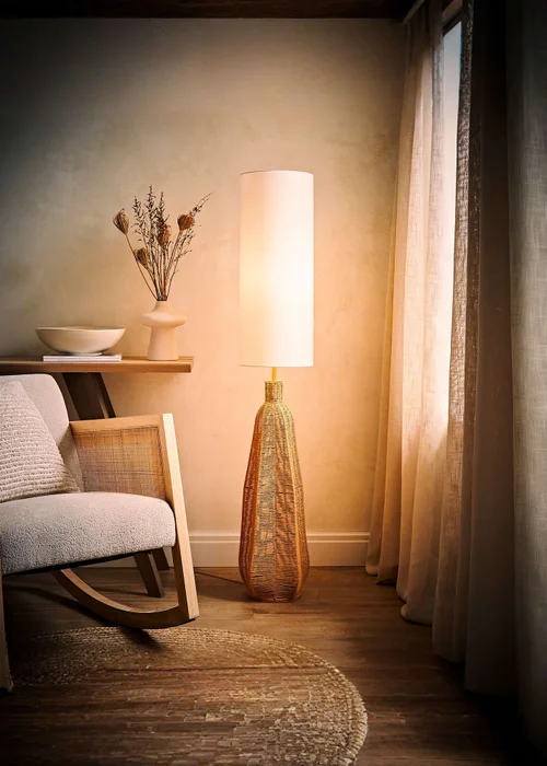 ValueLights Una White Tall Lamp Shade Rattan Midi Floor Lamp - One Size Image 3