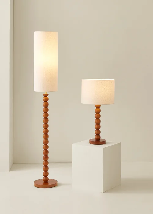 ValueLights Wyatt Linen Drum Lamp Shade Walnut Wood Bobbin Table Lamp - One Size Image 3