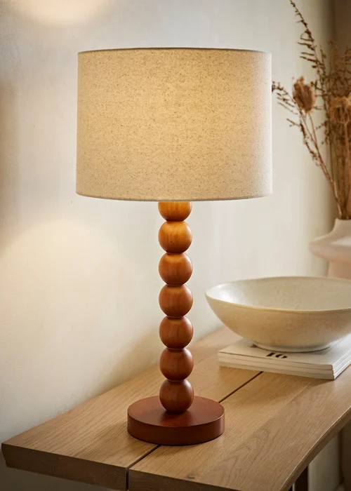 ValueLights Wyatt Linen Drum Lamp Shade Walnut Wood Bobbin Table Lamp - One Size Image 1