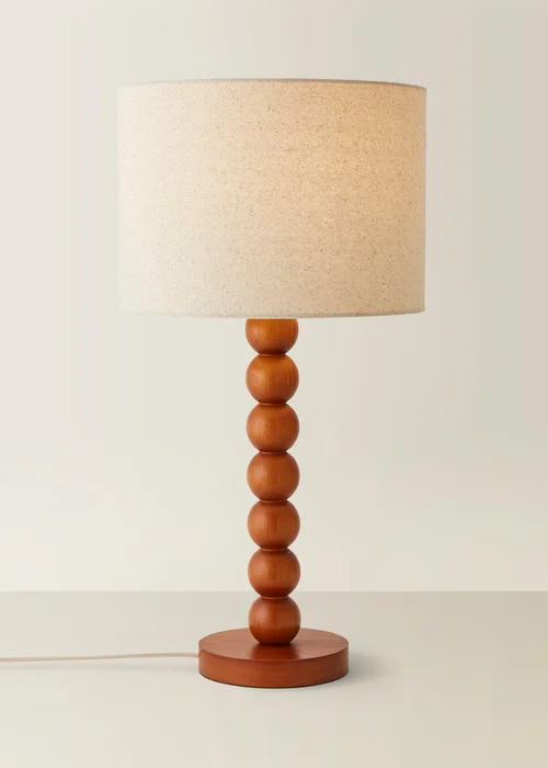 ValueLights Wyatt Linen Drum Lamp Shade Walnut Wood Bobbin Table Lamp - One Size Image 5