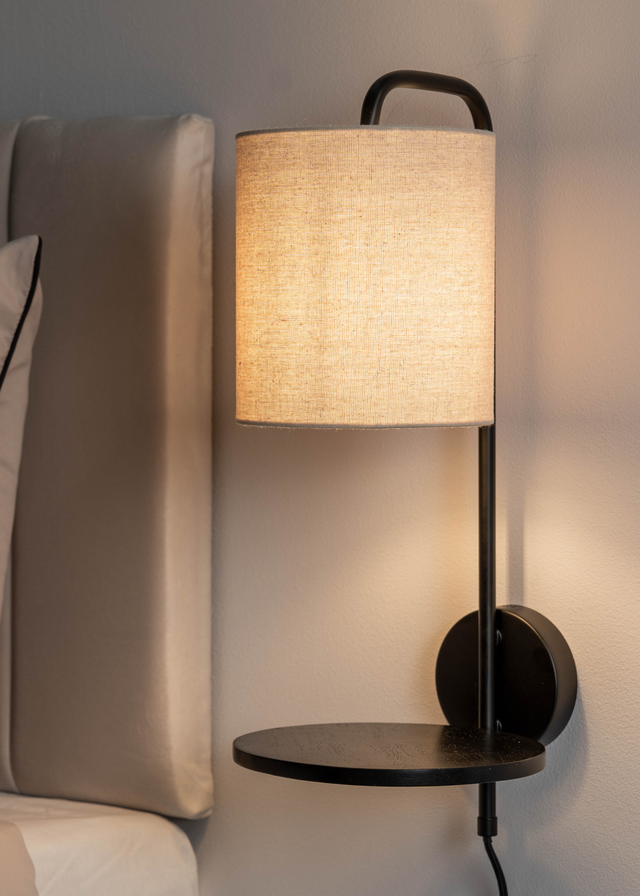 ValueLights Ryan Natural Linen Lamp Shade Metal Wall with Black Wood Shelf
