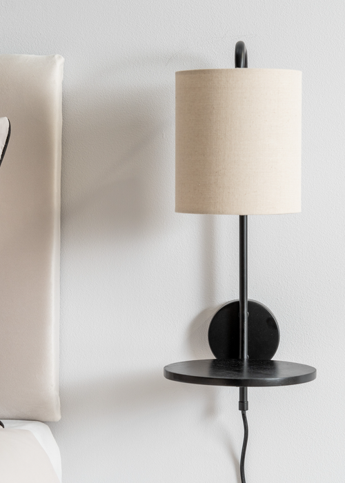 ValueLights Ryan Natural Linen Lamp Shade Metal Wall with Black Wood Shelf - One Size Image 3