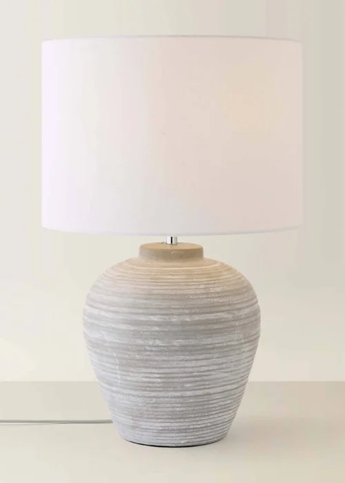 ValueLights Reid Linen Drum Shade Grey Ribbed Ceramic Large Table Lamp - One Size Image 4
