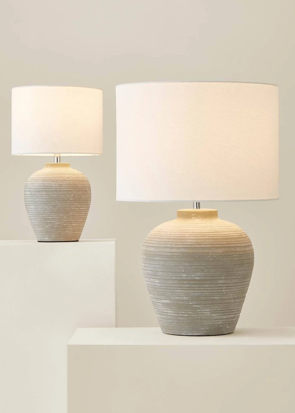 ValueLights Reid Linen Drum Shade Grey Ribbed Ceramic Large Table Lamp - One Size Image 5