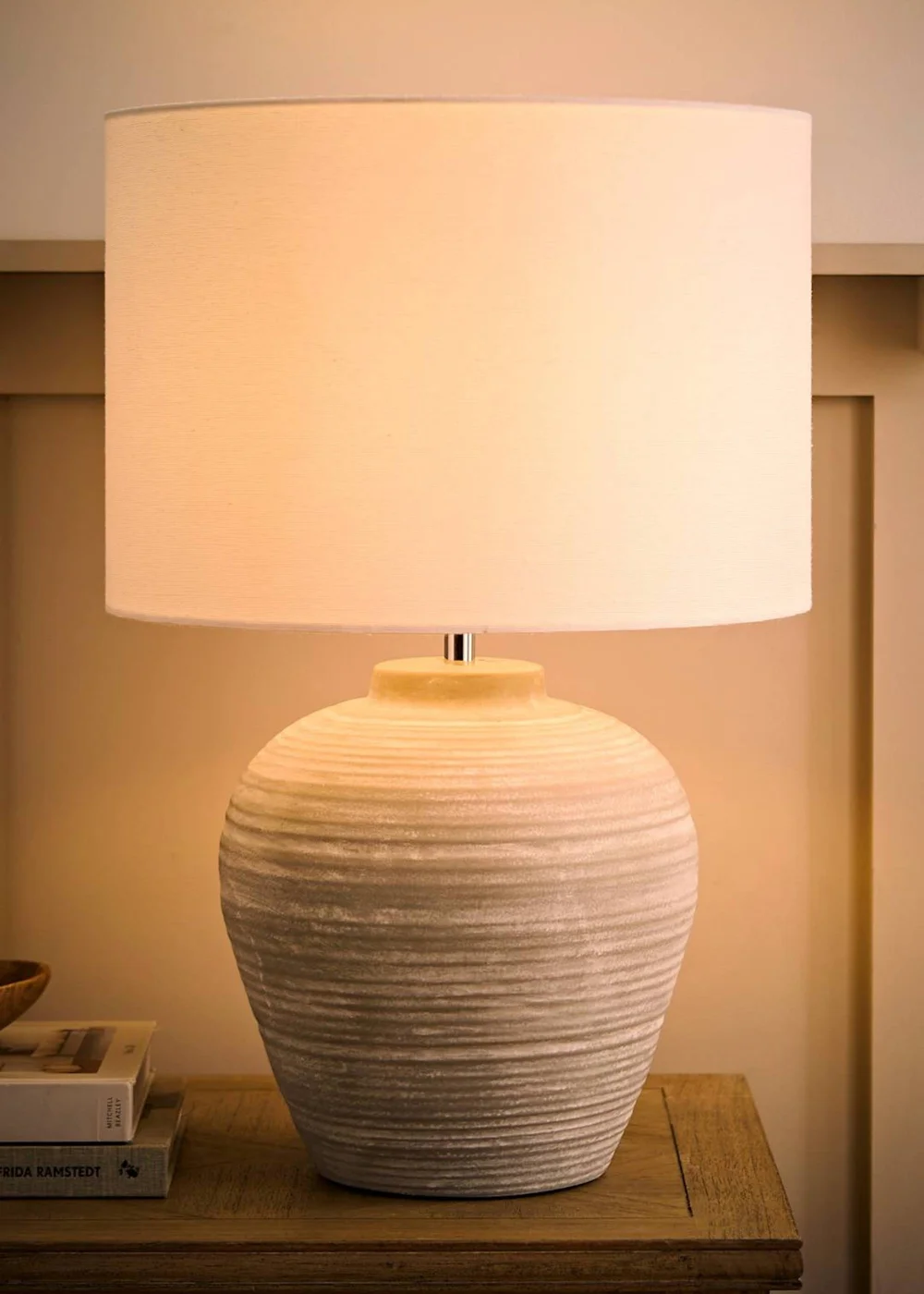 ValueLights Reid Linen Drum Shade Grey Ribbed Ceramic Large Table Lamp - One Size Image 2