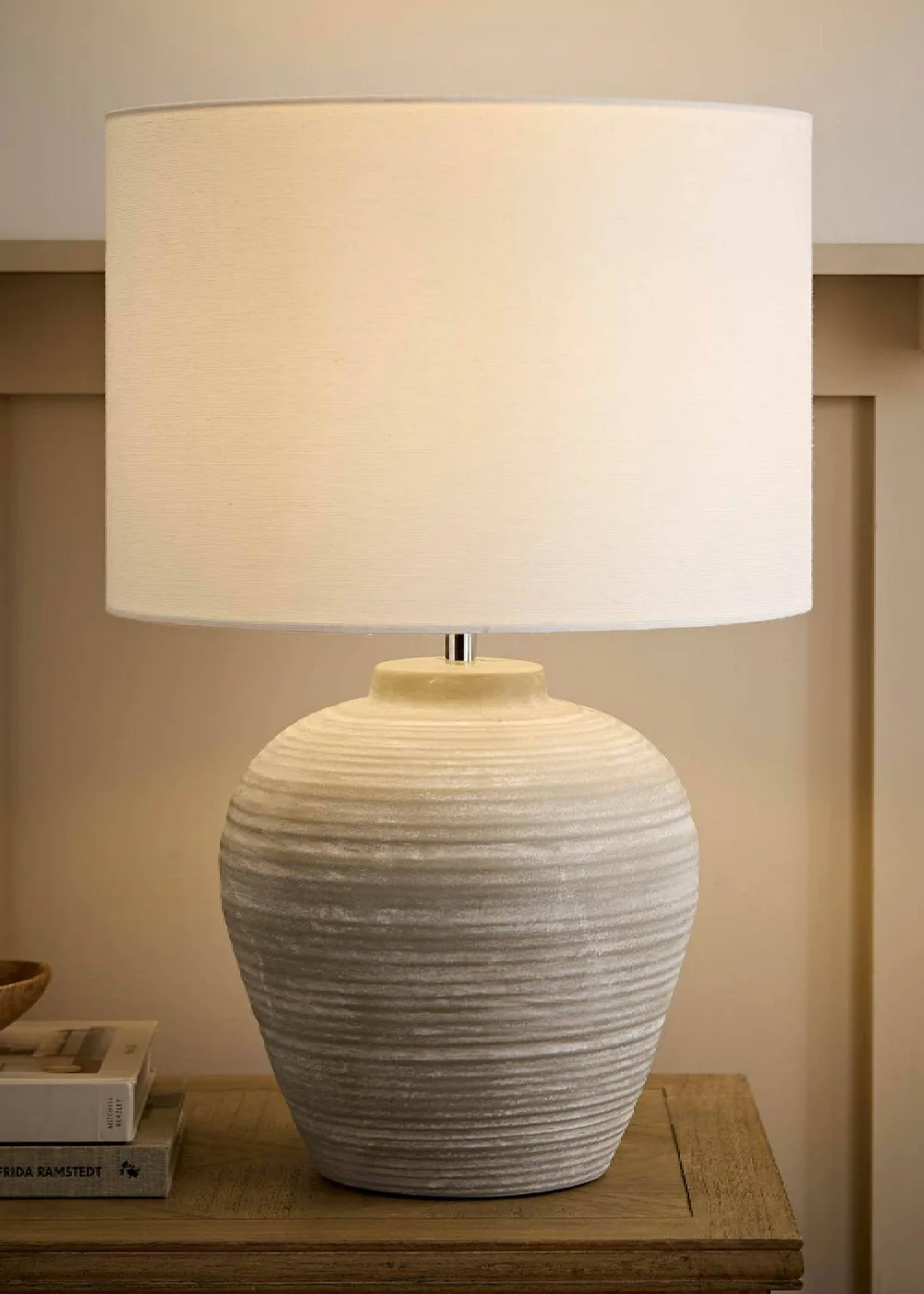 ValueLights Reid Linen Drum Shade Grey Ribbed Ceramic Large Table Lamp - One Size Image 1