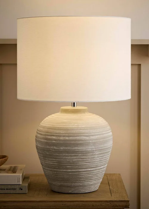 ValueLights Reid Linen Drum Shade Grey Ribbed Ceramic Large Table Lamp - One Size Image 1