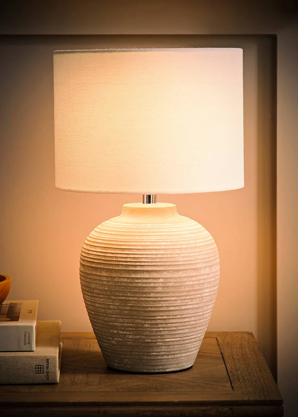 ValueLights Reid Linen Drum Lamp Shade Grey Ribbed Ceramic Small Table Lamp - One Size Image 2