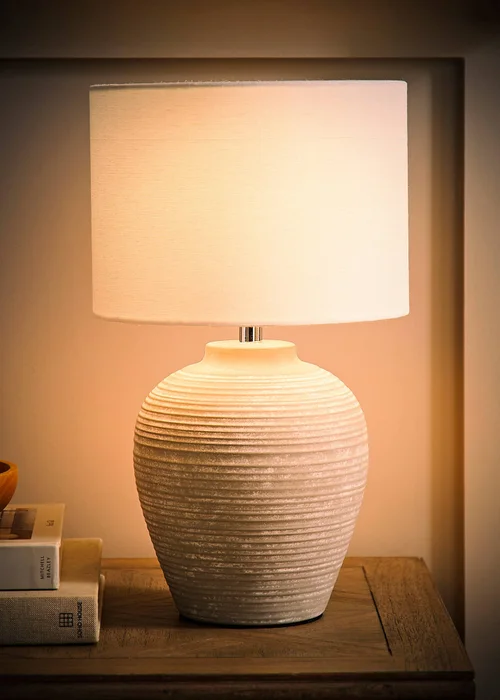 ValueLights Reid Linen Drum Lamp Shade Grey Ribbed Ceramic Small Table Lamp - One Size Image 2