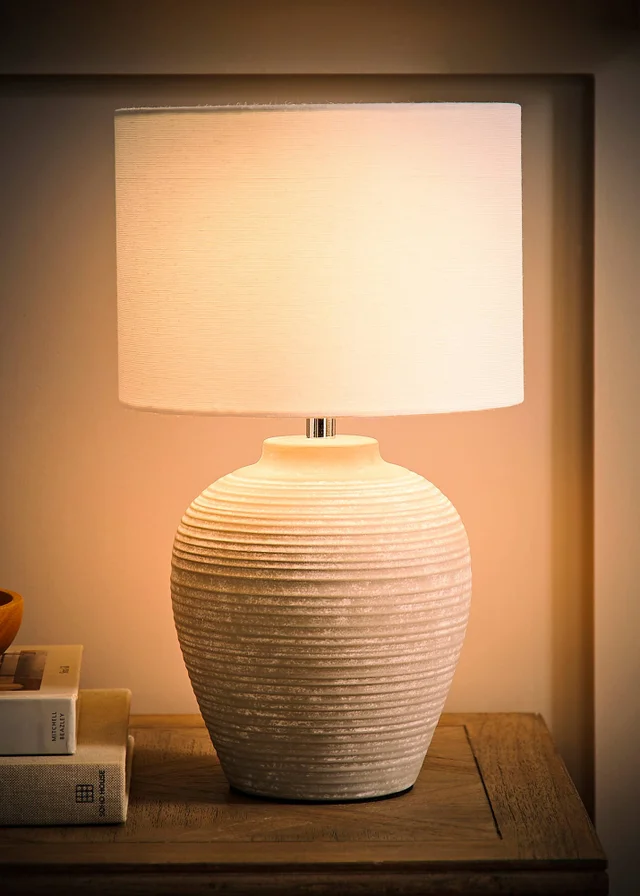 ValueLights Reid Linen Drum Lamp Shade Grey Ribbed Ceramic Small Table Lamp