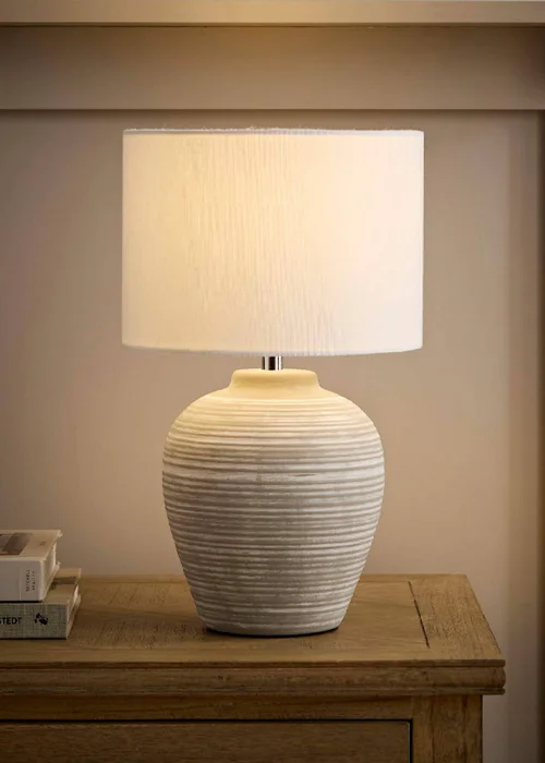 ValueLights Reid Linen Drum Lamp Shade Grey Ribbed Ceramic Small Table Lamp - One Size Image 1