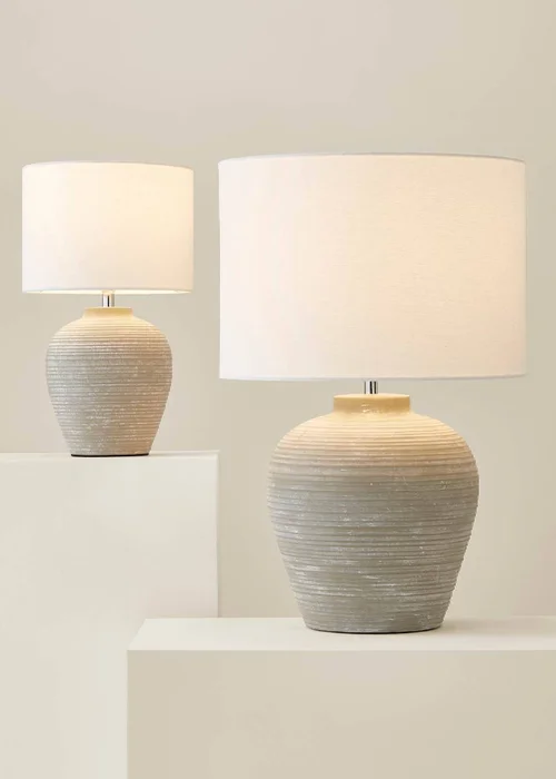 ValueLights Reid Linen Drum Lamp Shade Grey Ribbed Ceramic Small Table Lamp - One Size Image 6
