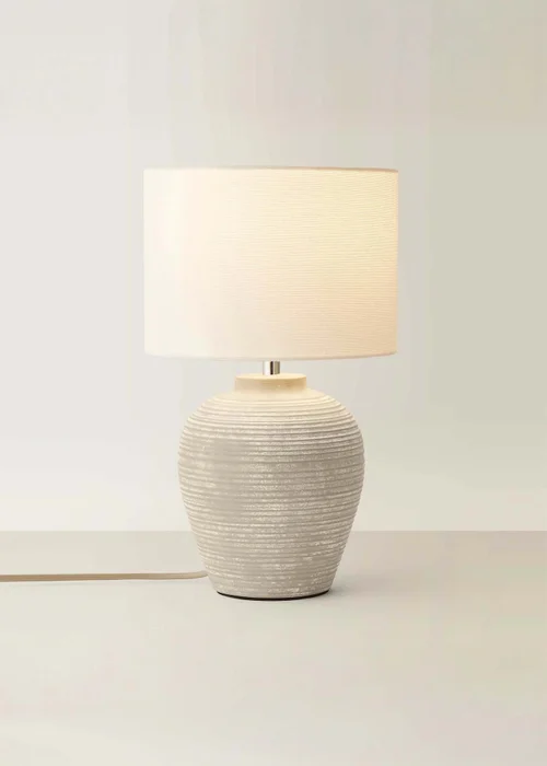 ValueLights Reid Linen Drum Lamp Shade Grey Ribbed Ceramic Small Table Lamp - One Size Image 3