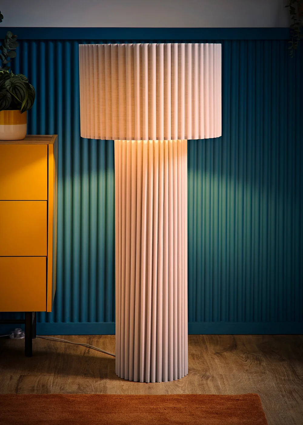 ValueLights Lenny Drum Lamp Shade Colour Drench Ribbed Fabric Midi Floor Lamp - One Size Image 2