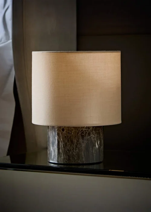 ValueLights Melanie Dark Marble Effect Table Lamp with Natural Linen Lamp Shade - One Size Image 1