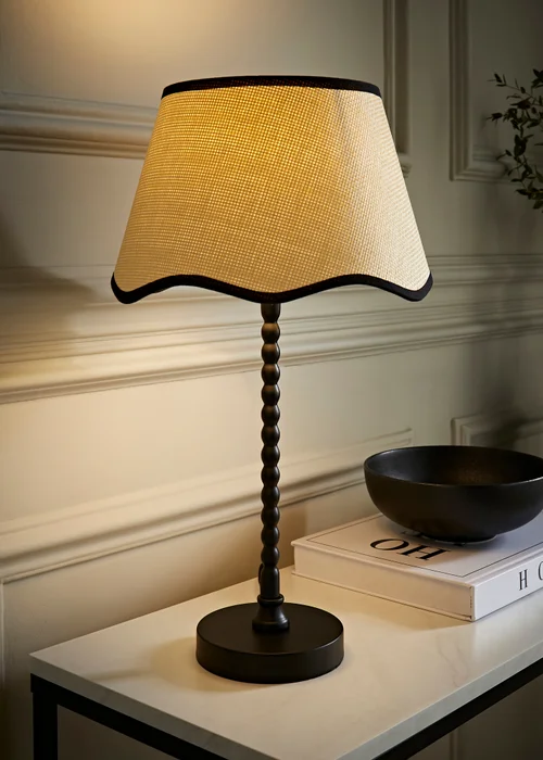 ValueLights Maeve Natural Scallop Black Trim Drum Shade Bobbin Bobble Table Lamp - One Size Image 1