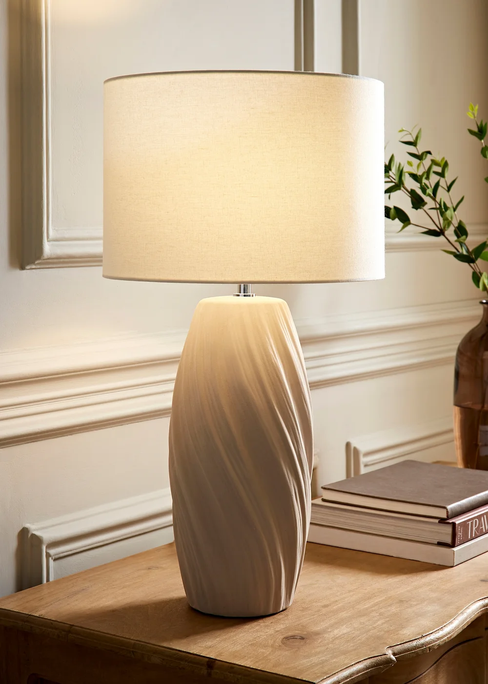 ValueLights Lydia Natural Linen Drum Lamp Shade Tall Swirl Matte Natural Table Lamp - One Size Image 1