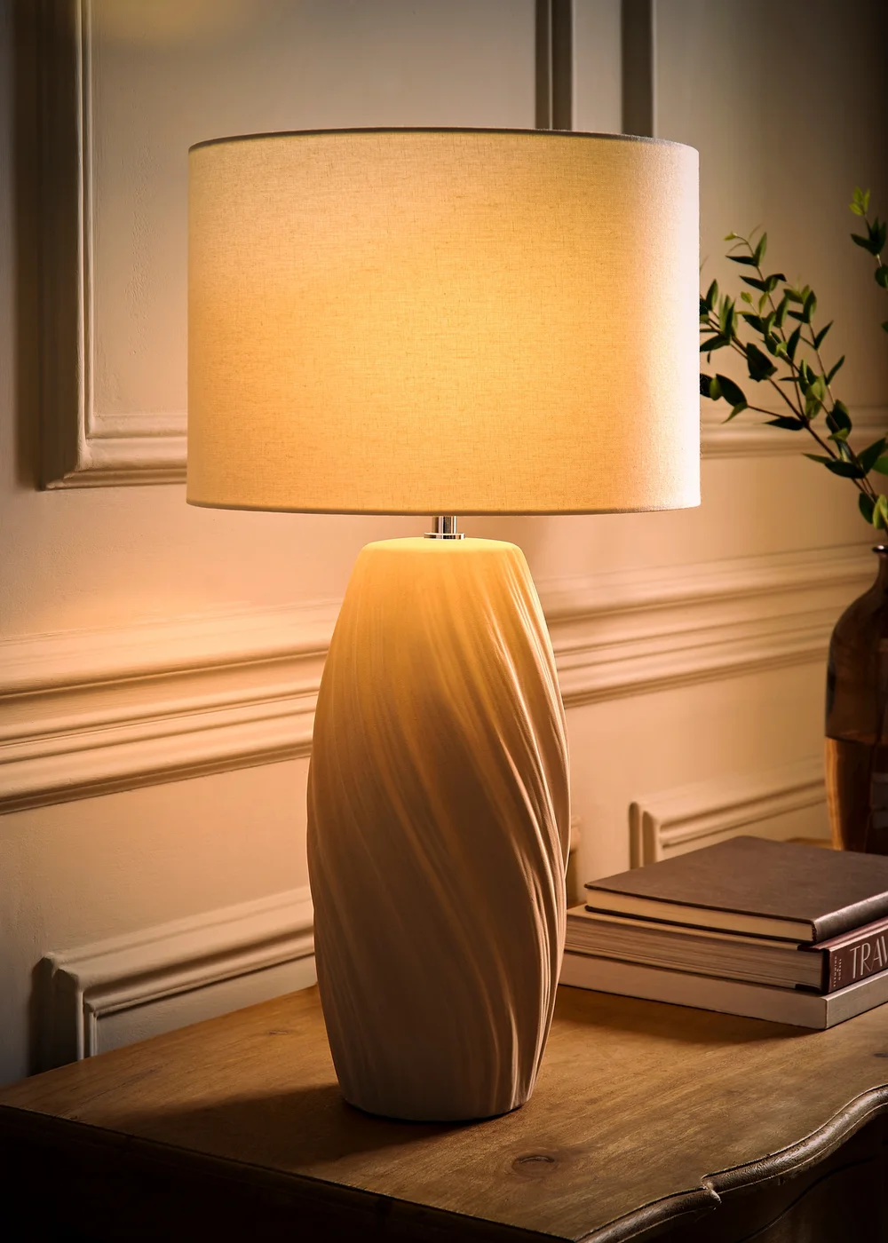 ValueLights Lydia Natural Linen Drum Lamp Shade Tall Swirl Matte Natural Table Lamp - One Size Image 2