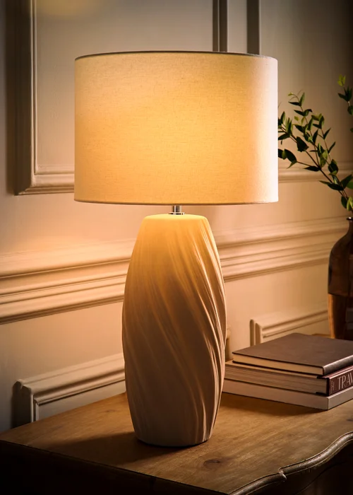 ValueLights Lydia Natural Linen Drum Lamp Shade Tall Swirl Matte Natural Table Lamp - One Size Image 2