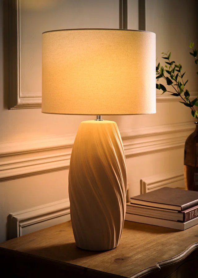 ValueLights Lydia Natural Linen Drum Lamp Shade Tall Swirl Matte Natural Table Lamp