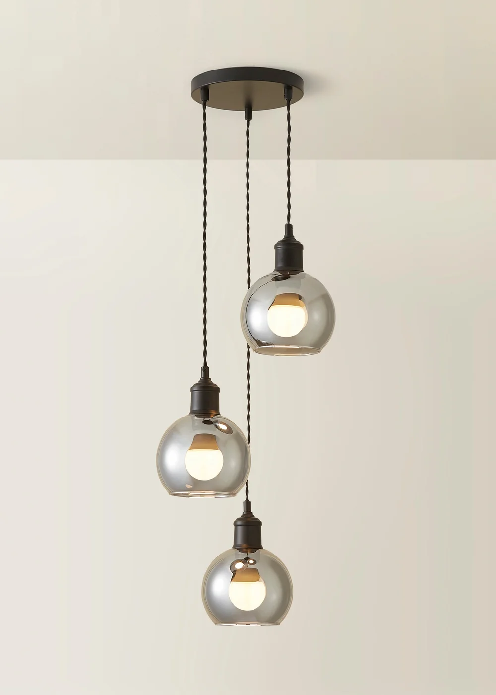 ValueLights Bellamy Smoked Glass Globe 3 Drop Cluster Matte Black Ceiling Pendant Light - One Size Image 3