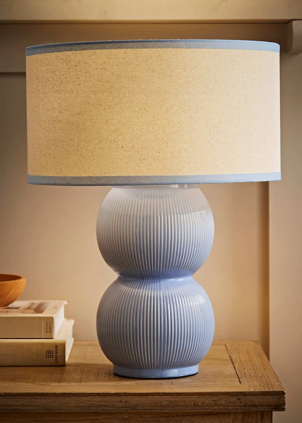 ValueLights Gemma Linen with Trim Drum Lamp Shade Stacked Ribbed Glazed Table Lamp - One Size Image 1