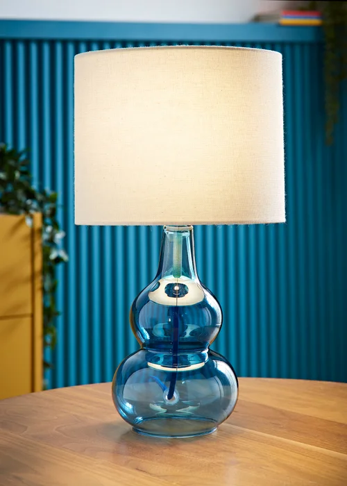 ValueLights Aida Natural Linen Tall Lamp Shade Blue Bubble Glass Table Lamp - One Size Image 1