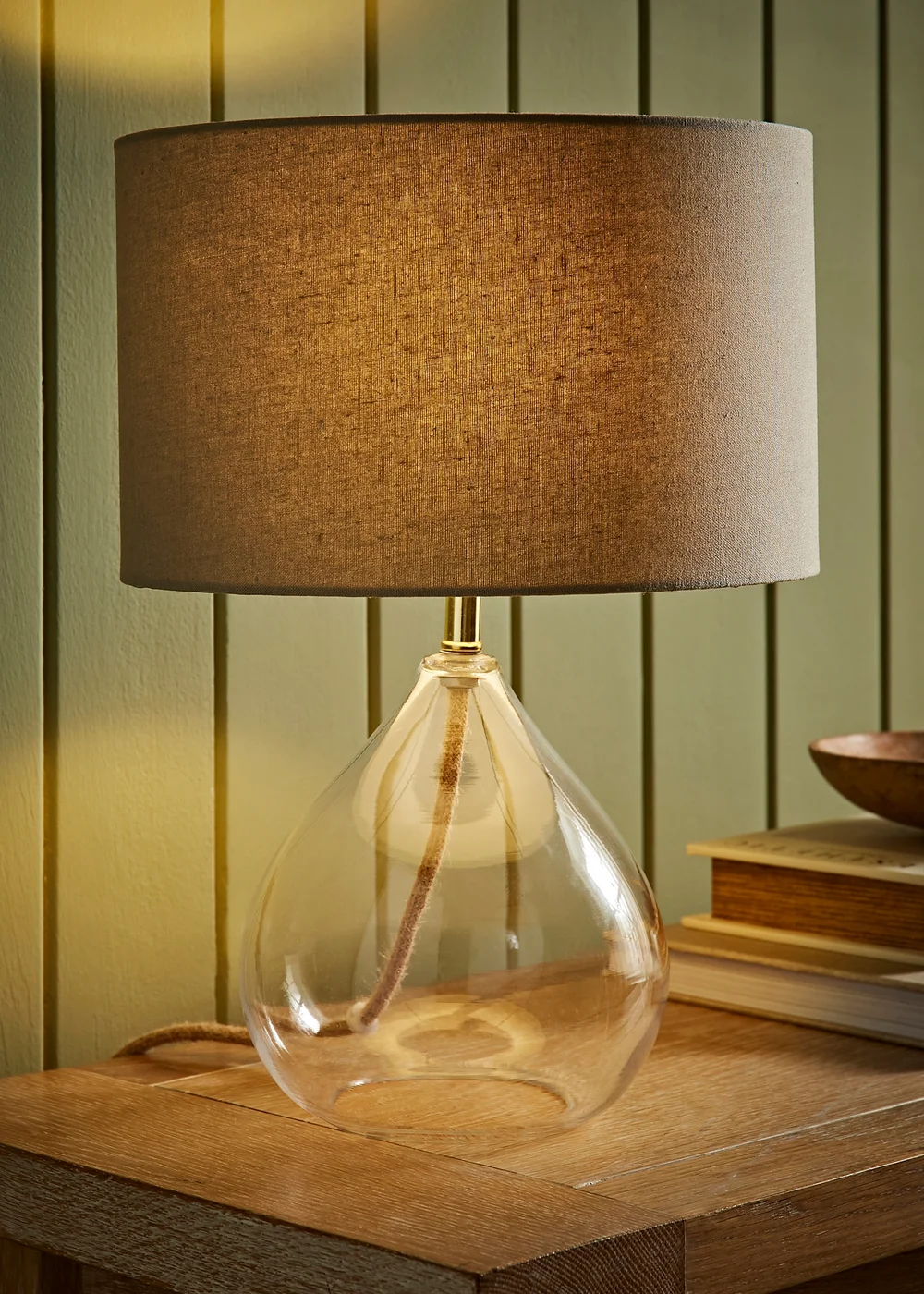 ValueLights Eloise Natural Linen Drum Shade Clear Glass Teardrop Table Lamp - One Size Image 1