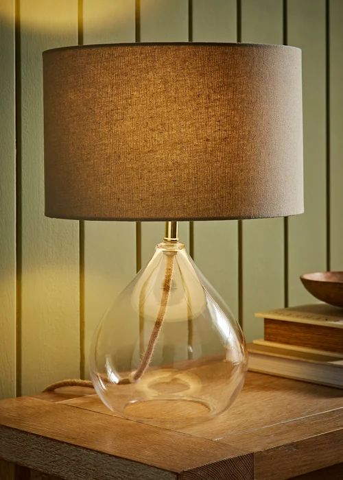 ValueLights Eloise Natural Linen Drum Shade Clear Glass Teardrop Table Lamp - One Size Image 1