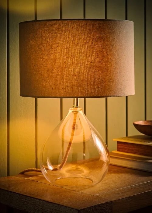 ValueLights Eloise Natural Linen Drum Shade Clear Glass Teardrop Table Lamp - One Size Image 2