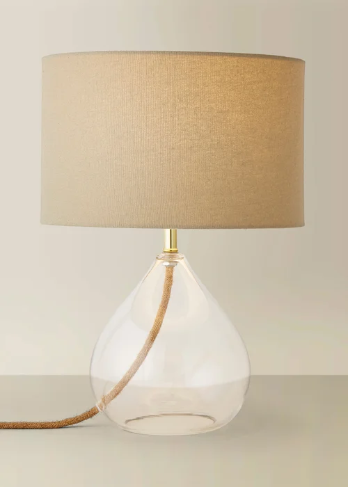 ValueLights Eloise Natural Linen Drum Shade Clear Glass Teardrop Table Lamp - One Size Image 3