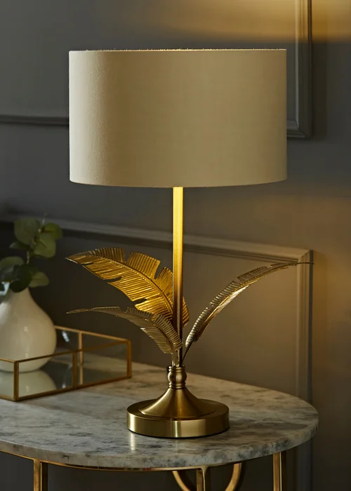 ValueLights Christina Natural with Metallic Gold Drum Shade Gold Palm Leaf Table Lamp - One Size Image 1