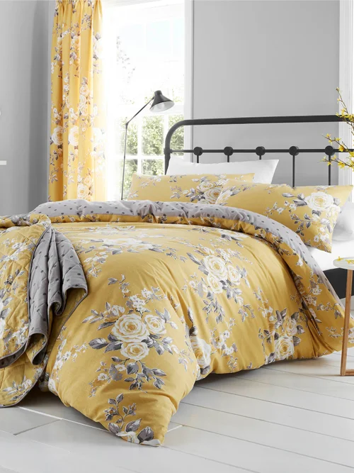 Catherine Lansfield Ochre Yellow Canterbury Floral Reversible Quilted Bedspread - One Size Image 2