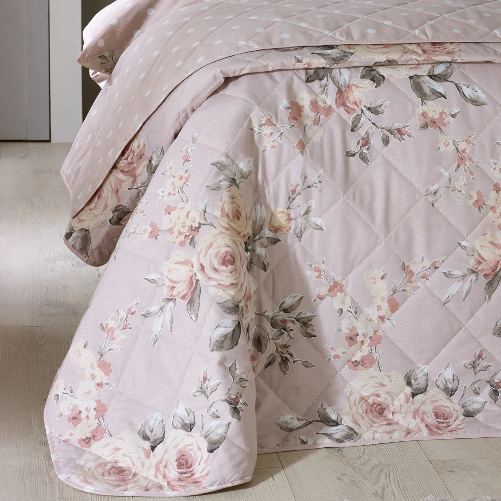 Catherine Lansfield Blush Pink Canterbury Floral Reversible Quilted Bedspread - One Size Image 1