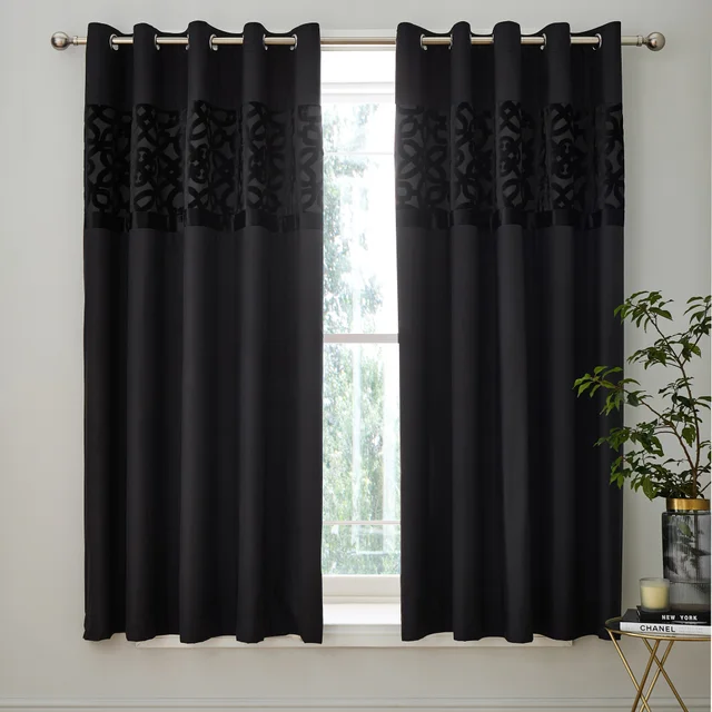Catherine Lansfield Black Lattice Cut Velvet Lined Eyelet Curtains Two Panels