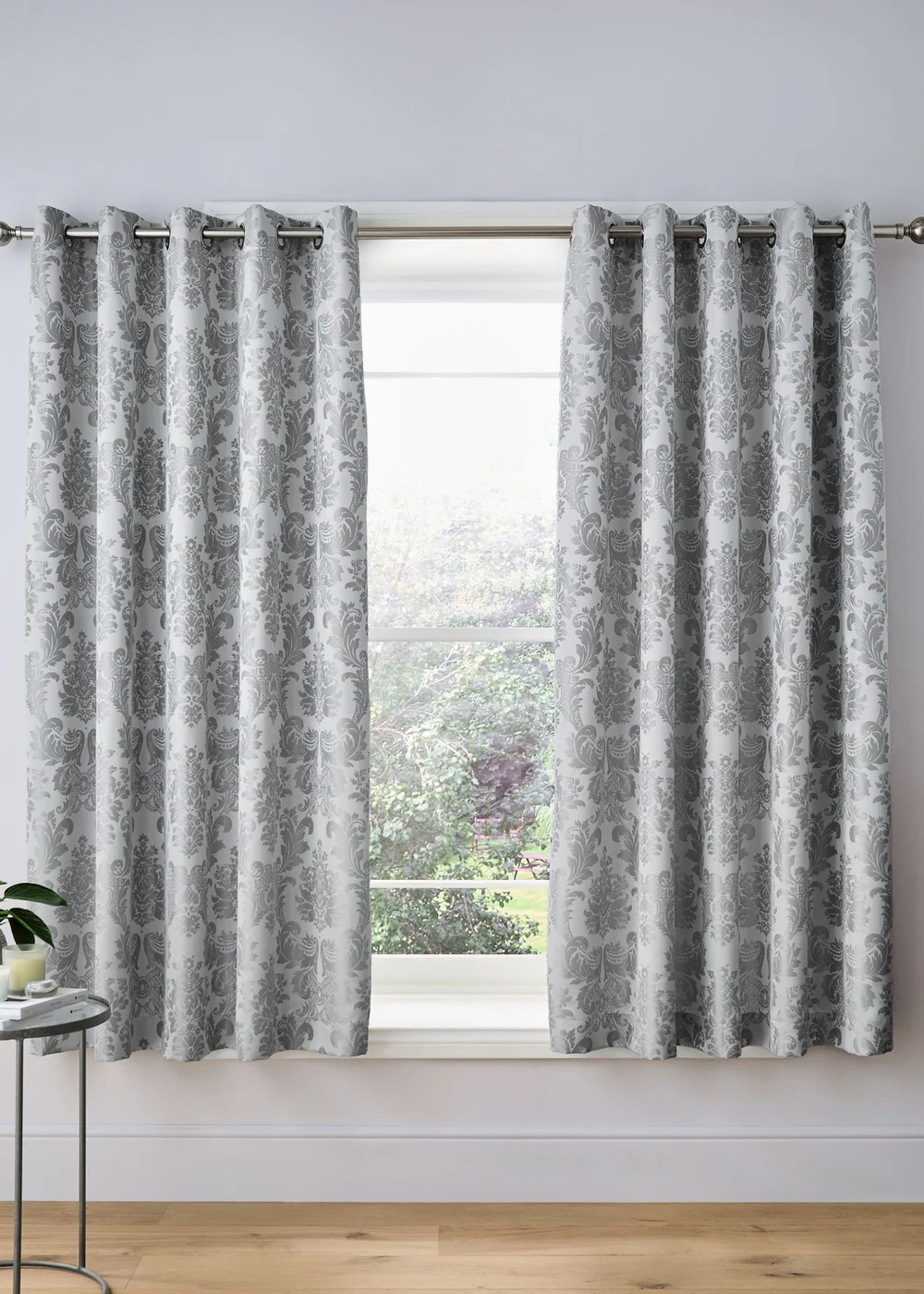 Catherine Lansfield Damask Jacquard Lined Eyelet Curtains Silver Grey - 66W X 72D (168x183cm) Image 1