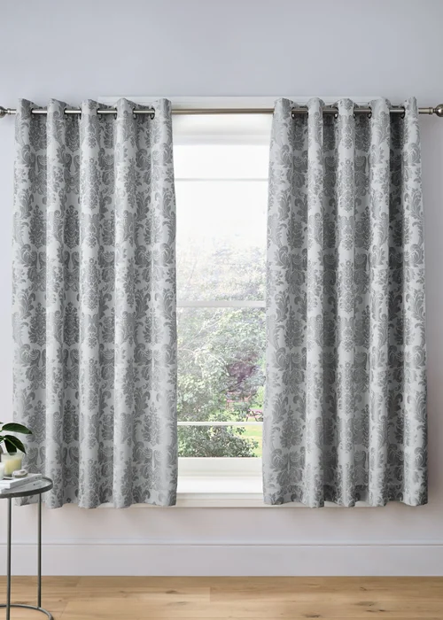 Catherine Lansfield Damask Jacquard Lined Eyelet Curtains Silver Grey - 66W X 72D (168x183cm) Image 1
