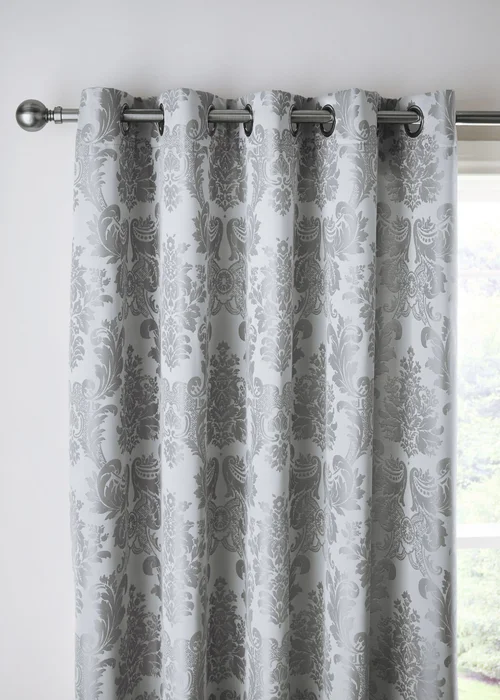 Catherine Lansfield Damask Jacquard Lined Eyelet Curtains Silver Grey - 66W X 72D (168x183cm) Image 2