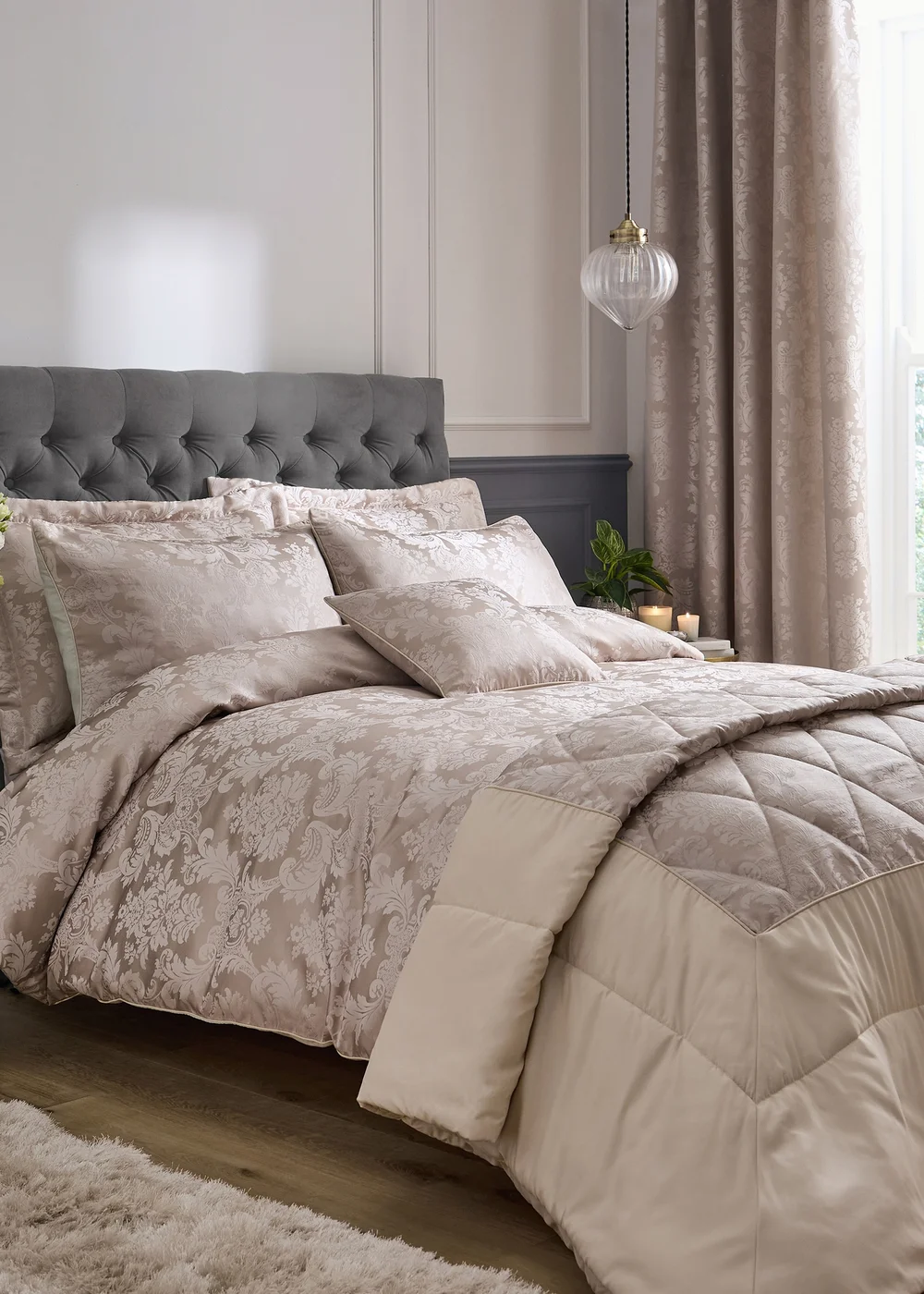 Catherine Lansfield Damask Jacquard Lined Eyelet Curtains Champagne Gold - 66W X 72D (168x183cm) Image 3