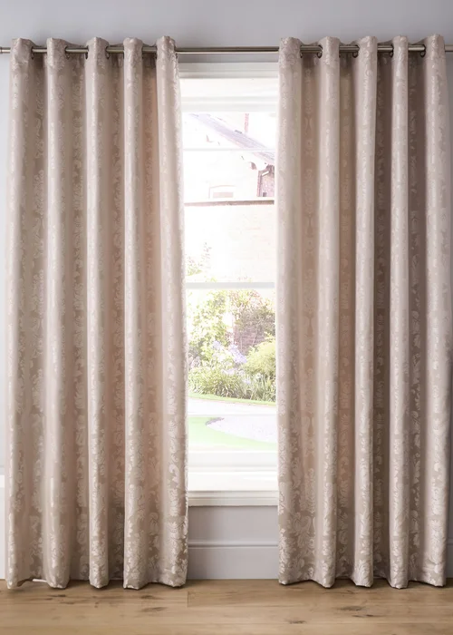 Catherine Lansfield Damask Jacquard Lined Eyelet Curtains Champagne Gold - 66W X 72D (168x183cm) Image 1