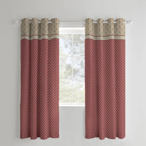Catherine Lansfield Red Natural Kashmir Paisley Floral Lined Eyelet Curtains Two Panels - 66W X 72D (168x183cm) Image 1