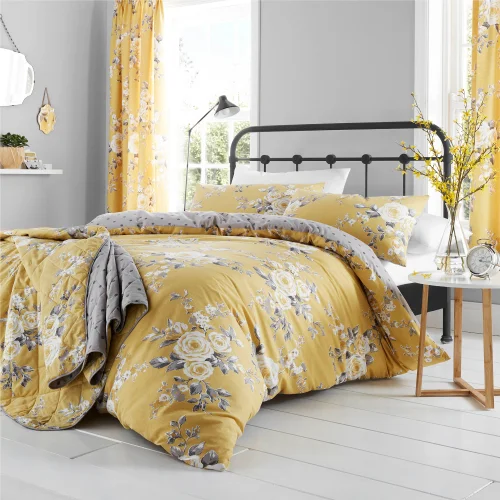 Catherine Lansfield Ochre Yellow Canterbury Floral Lined Eyelet Curtains Two Panels - 66W X 72D (168x183cm) Image 4