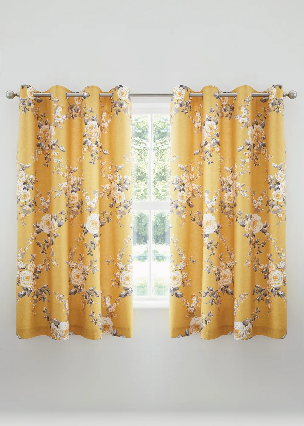 Catherine Lansfield Ochre Yellow Canterbury Floral Lined Eyelet Curtains Two Panels - 66W X 72D (168x183cm) Image 2