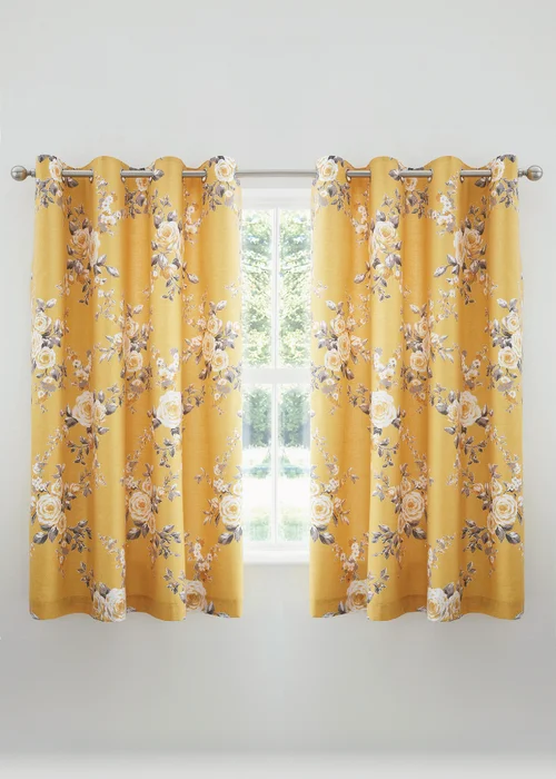 Catherine Lansfield Ochre Yellow Canterbury Floral Lined Eyelet Curtains Two Panels - 66W X 72D (168x183cm) Image 2
