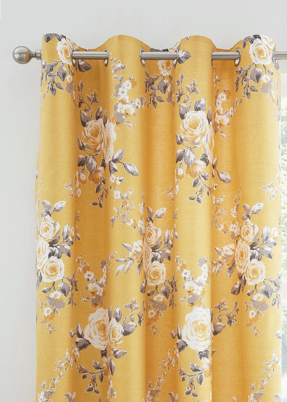Catherine Lansfield Ochre Yellow Canterbury Floral Lined Eyelet Curtains Two Panels - 66W X 72D (168x183cm) Image 1