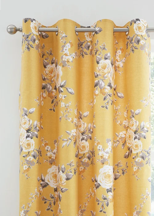 Catherine Lansfield Ochre Yellow Canterbury Floral Lined Eyelet Curtains Two Panels - 66W X 72D (168x183cm) Image 1