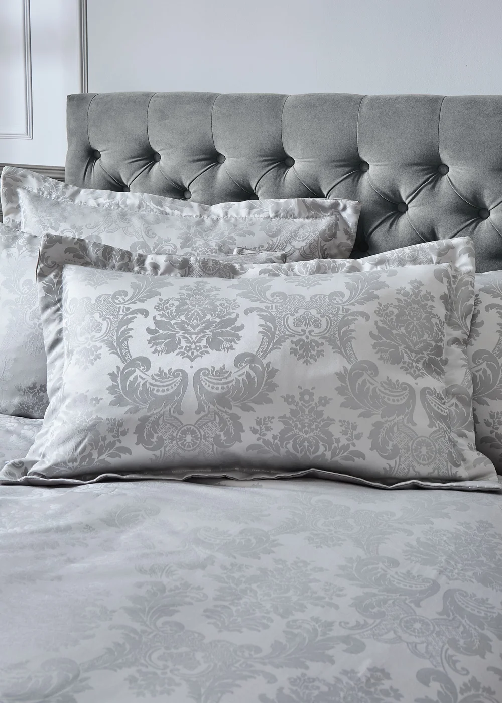 Catherine Lansfield Silver Grey Damask Jacquard Quilted Pillow Sham Pair - 2 Pack Image 1