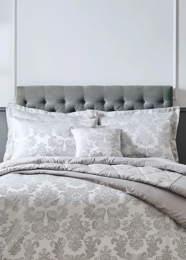 Catherine Lansfield Silver Grey Damask Jacquard Quilted Pillow Sham Pair